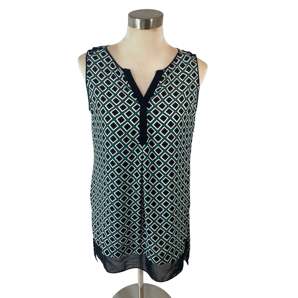 White House Black Market Sleeveless Hi Lo Blouse Green Blk Geometric Size S